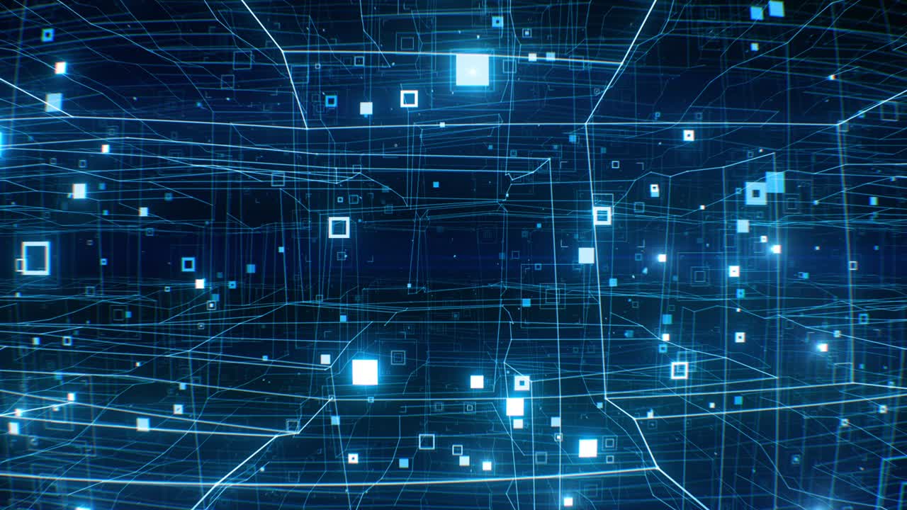 Beautiful Flight Through the Digital Abstract Network Grid with Blue Flares Seamless. Looped 3d Animation of Working Internet Network Structure. Technological Concept.