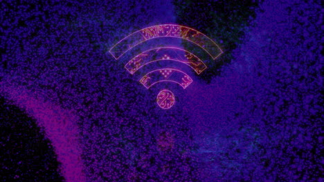 animation of wifi icon with computer circuit board over spots on black background