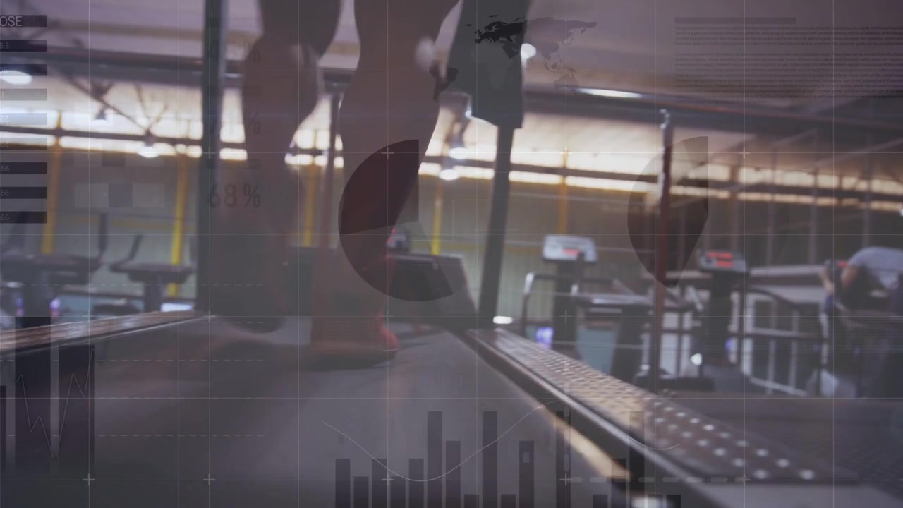 Man stepping onto treadmill belt, walking for fitness, overlay obscuring legs, camera pulling back
