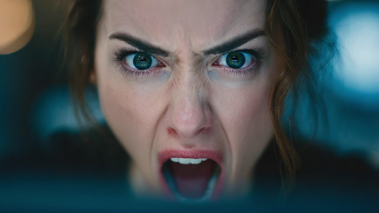 Intense Emotional Outburst: A Close-Up of a Woman Expressing Anger and Frustration, Capturing Raw Emotion in a Cinematic Frame