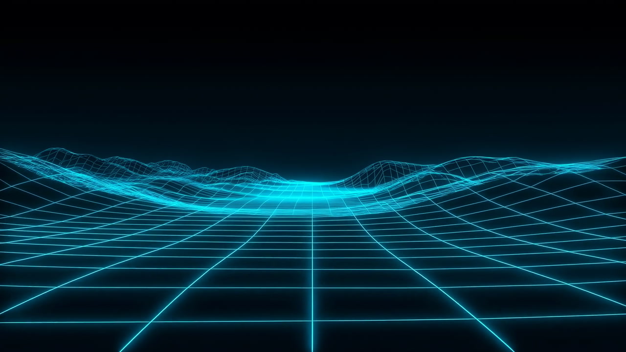 Turquoise Neon Grid Stretching To Distant Horizon, Wireframe Hills Rise From Glowing Grid With Retro Synthwave