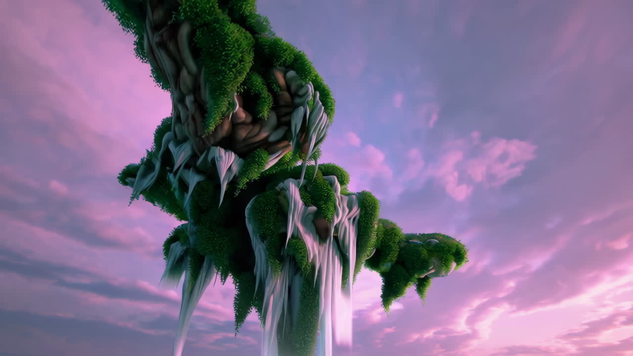 Floating Islands with Cascading Waterfalls in a Vibrant Purple Sky