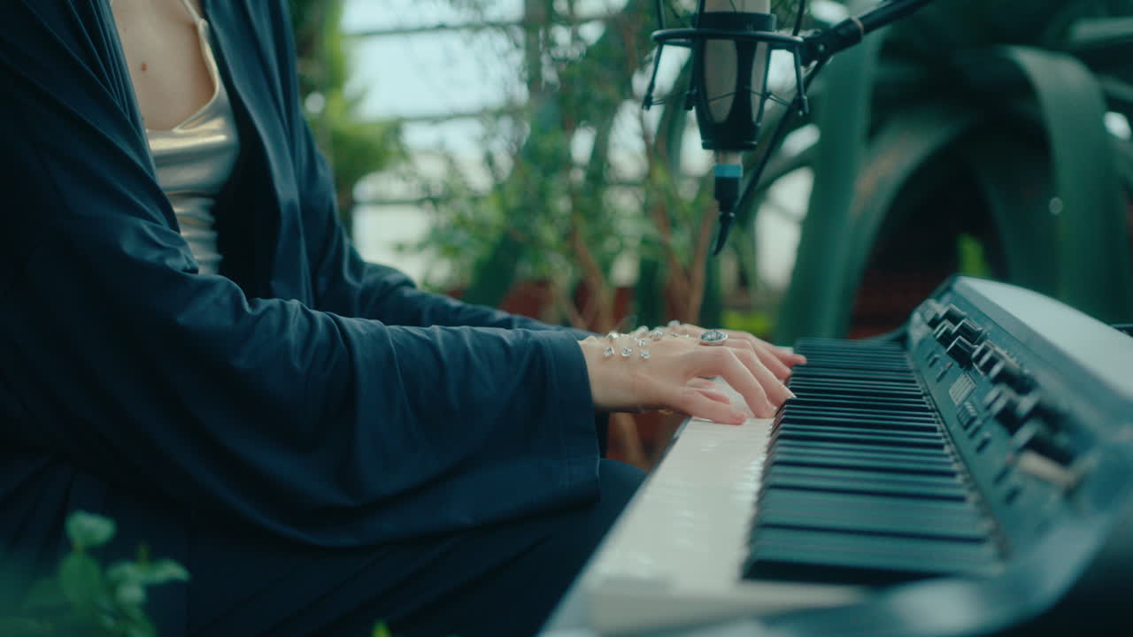 Pearl-Adorned Hands of Female Musician Playing Keyboard in Indoor Garden
