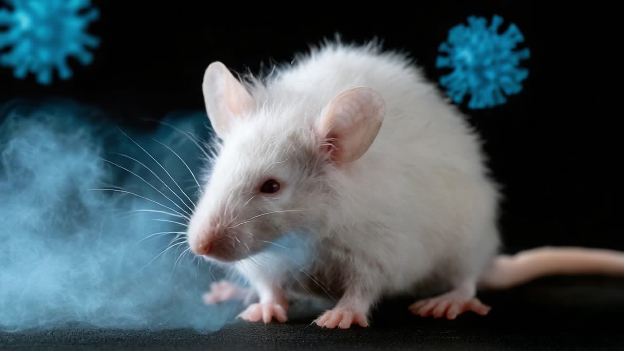 Un topo da laboratorio bianco in una misteriosa nebbia blu circondato da forme astratte, che cattura un momento intrigante di comportamento animale e ambiente.