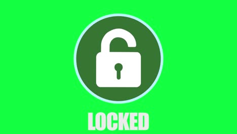 elemento gráfico de movimiento inteligente de un logotipo de seguridad de sistema circular con candado, pirateado y desbloqueado, pasando de rojo a verde, con texto desbloqueado bloqueado, sobre un fondo verde para la clave de croma
