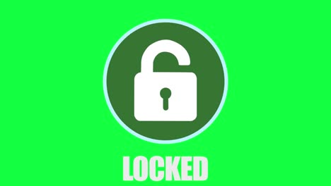 clever motion graphic element of a circular system security logo with padlock, being hacked and unlocked, turning from red to green, with locked unlocked text, on a green background for chroma keying