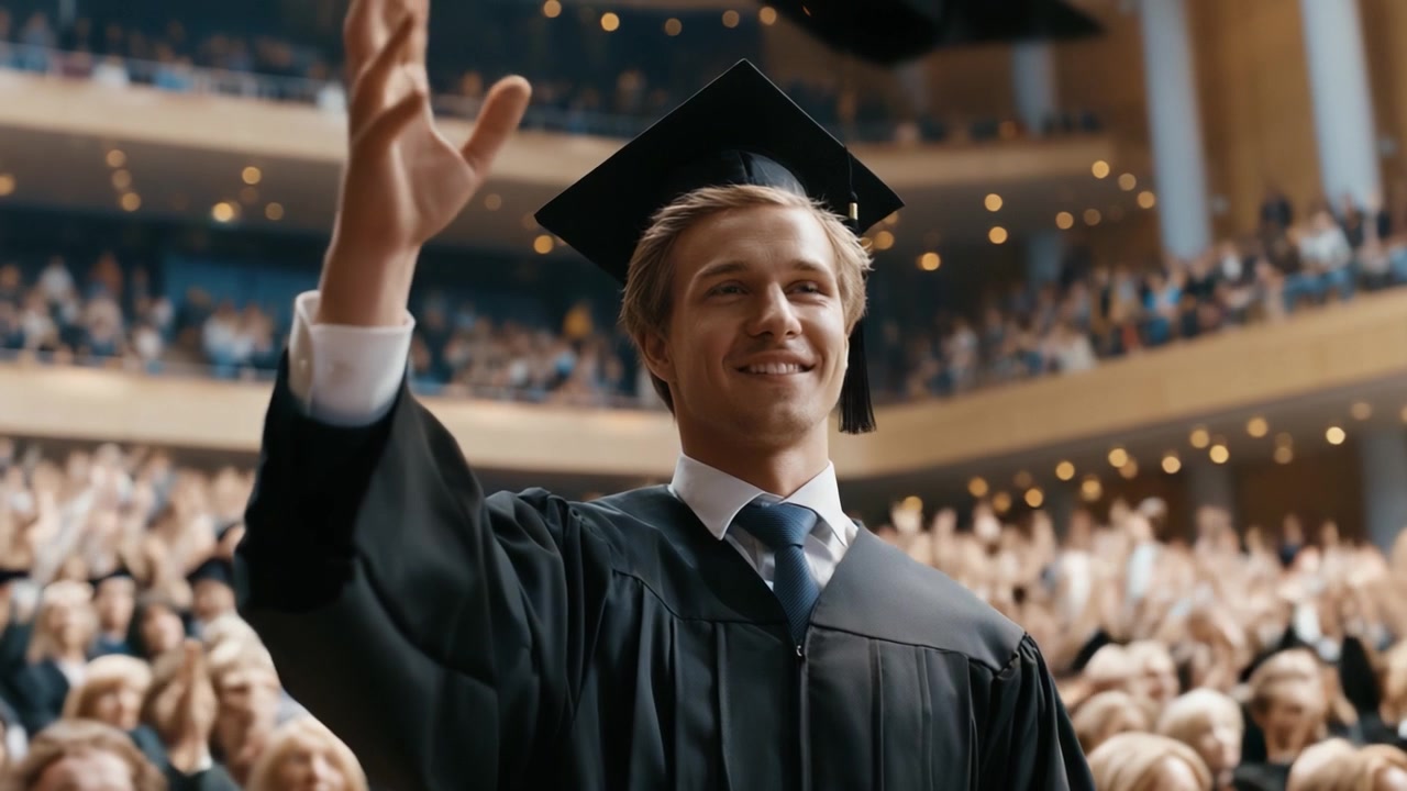 Celebration of Achievement: A Grinning Graduate Waves to Family and Friends During a Graduation Ceremony in an Elegant Auditorium Full of Cheerful Supporters.