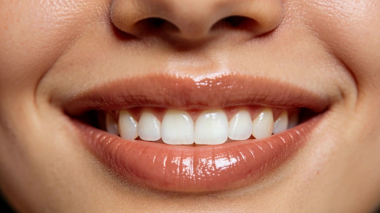 Camera starting, mouth shifting wide to softer smile in studio to show glossy lips, teeth, dimples