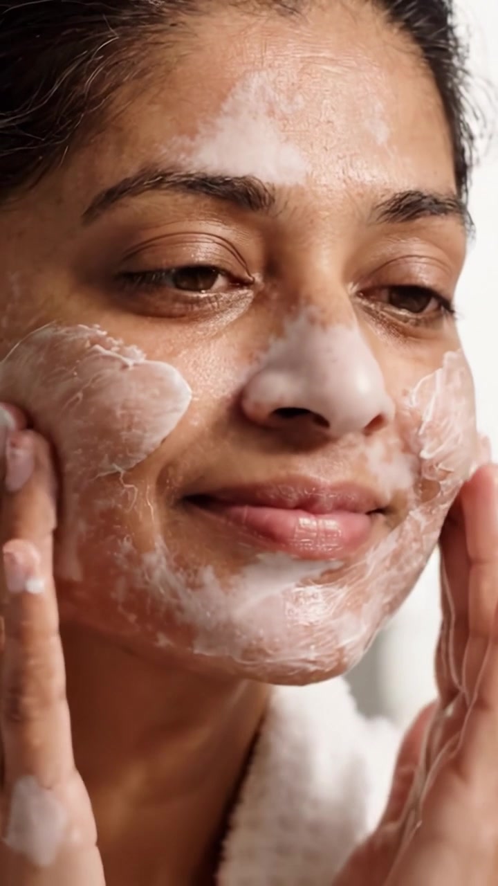A Focused Skincare Routine: Witnessing the Transformation of a Woman Applying Facial Cleanser to Achieve Radiant and Healthy Skin