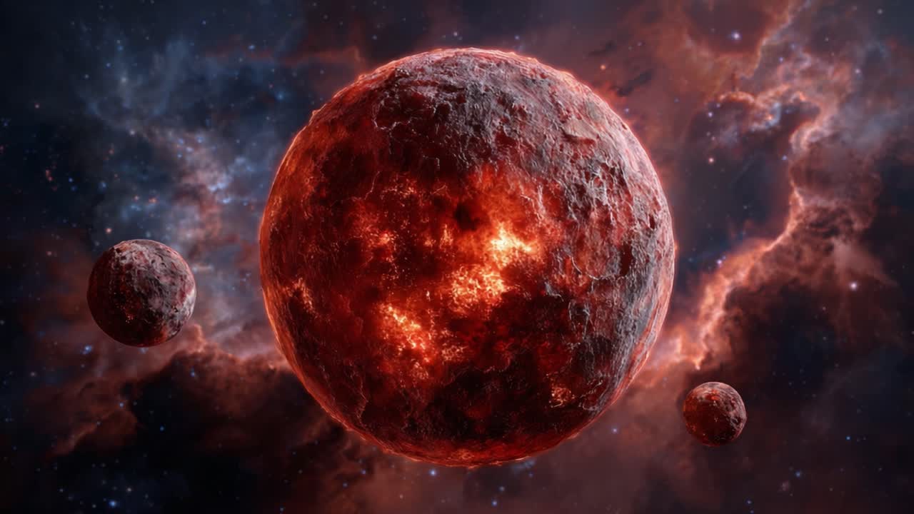 Exploration of a Fiery Cosmic Landscape: A Stunning Journey Through Planets, Stars, and Interstellar Phenomena in a Colorful Nebula