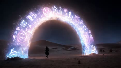 woman facing a glowing ancient portal in the desert at night