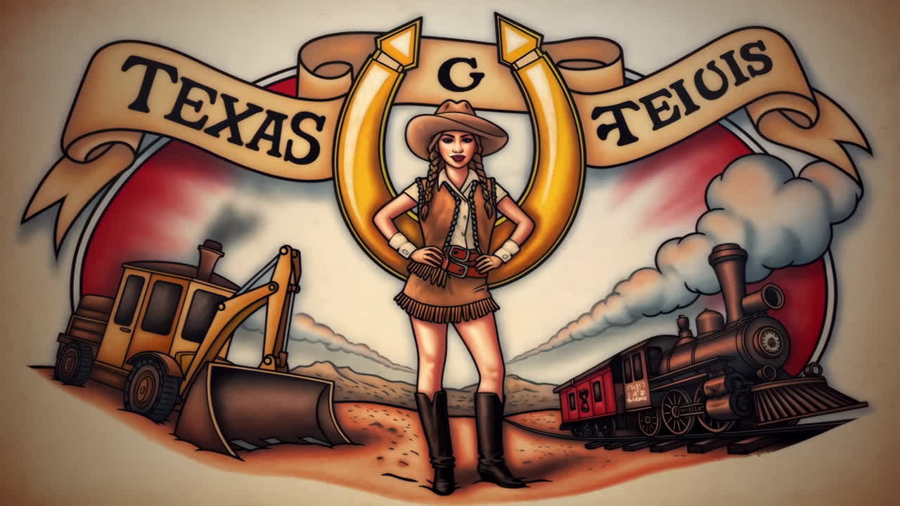 Texas themed illustration with a cowgirl, train, and excavator