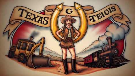 Texas themed illustration with a cowgirl, train, and excavator