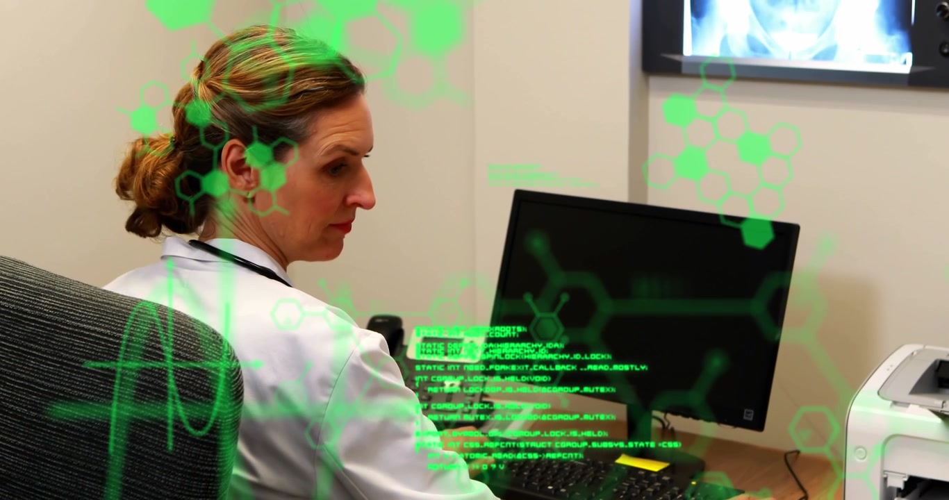Female Doctor Analyzing Medical Data on Computer in Hospital Office