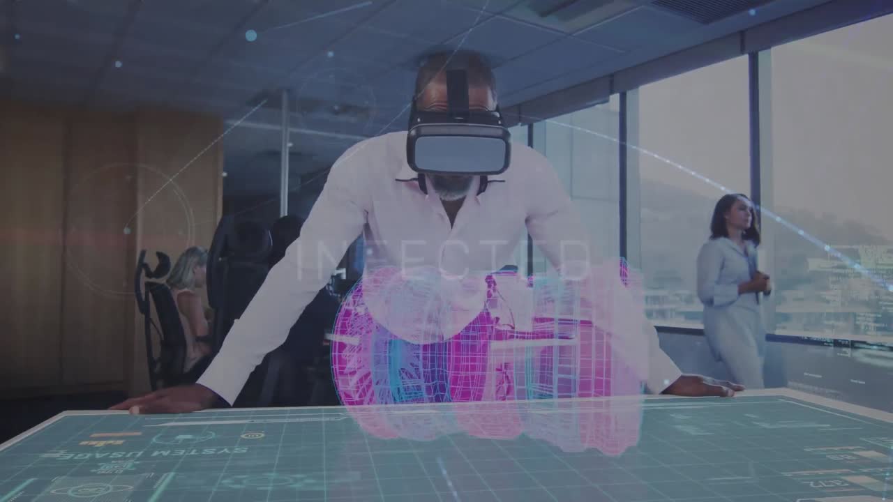 Animation of network of connections over african american businessman wearing vr headset at office