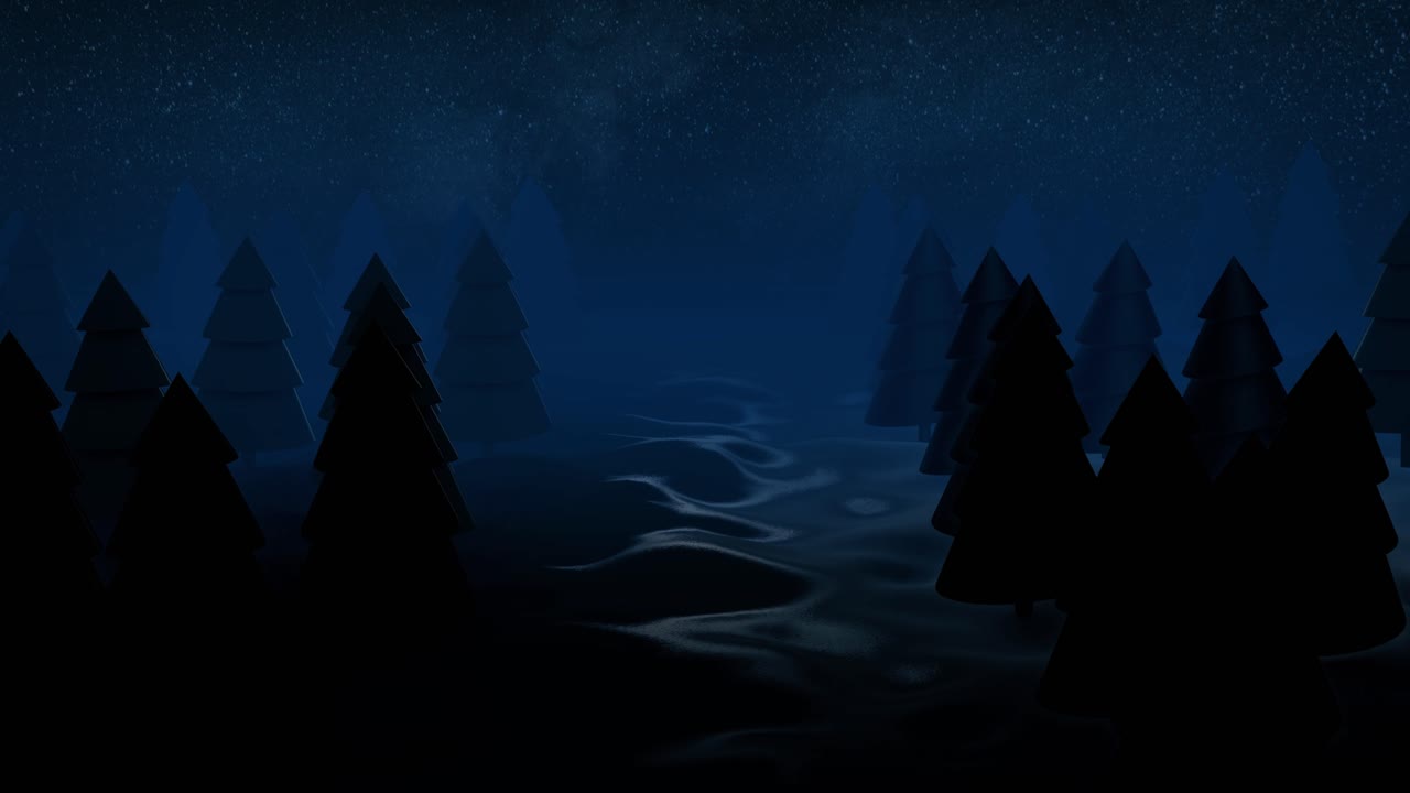 Silhouettes of pine trees in a misty forest at night