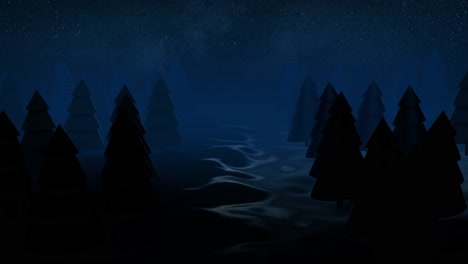 silhouettes of pine trees in a misty forest at night