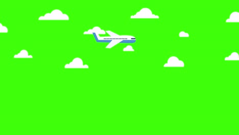 animation of an airplane flying in the sky surrounded by clouds. air transport or air travel concept. flat style. green screen. 4k