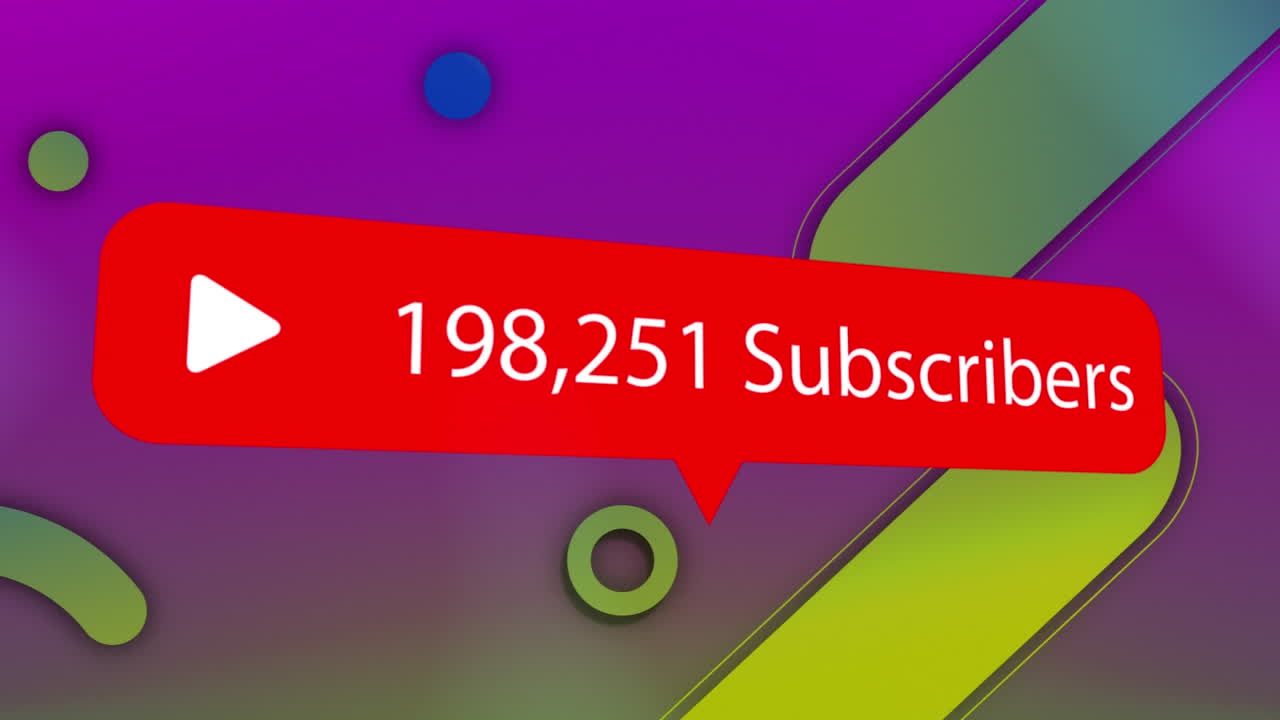 animación de texto, suscriptores, y número creciente, sobre formas coloridas en púrpura