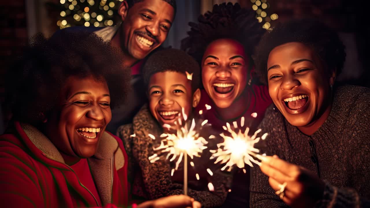 Glad afroamerikansk familie fejrer med stjernekastere indendørs.