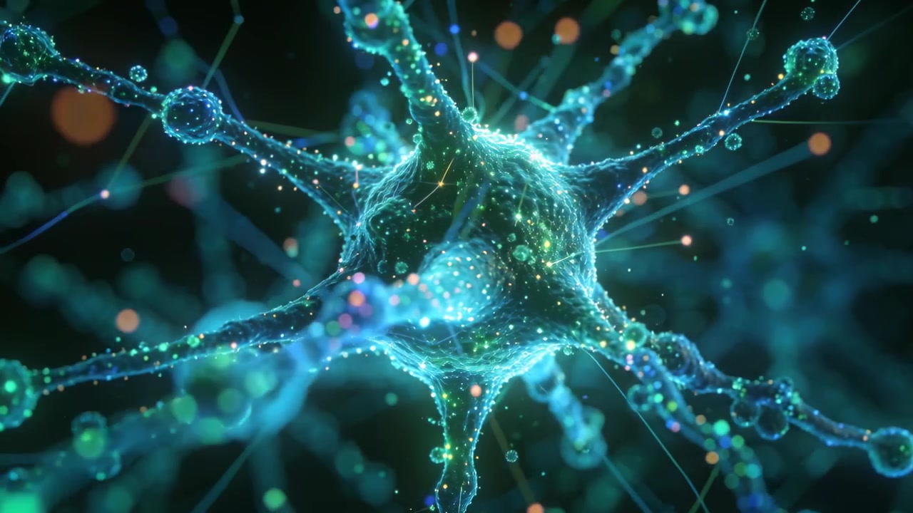 Una telecamera orbitante rivela il soma di un neurone centrale in vista microscopica, visualizzando l'impulso dell'assone che viaggia.