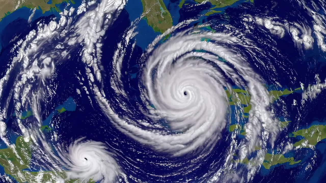 Satellite view of two hurricanes over the ocean