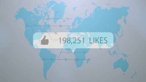 animation of thumbs up icon with increasing likes over world map against grey background