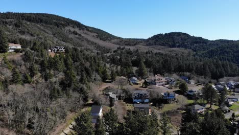 Drone-Vuela-Sobre-Casas-En-Las-Montañas-Y-Pinos-Por-La-Tarde