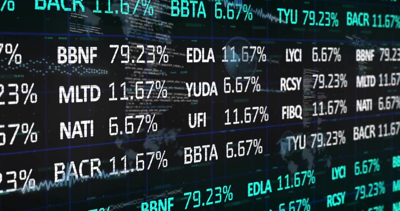 Animation of financial data processing over dark background