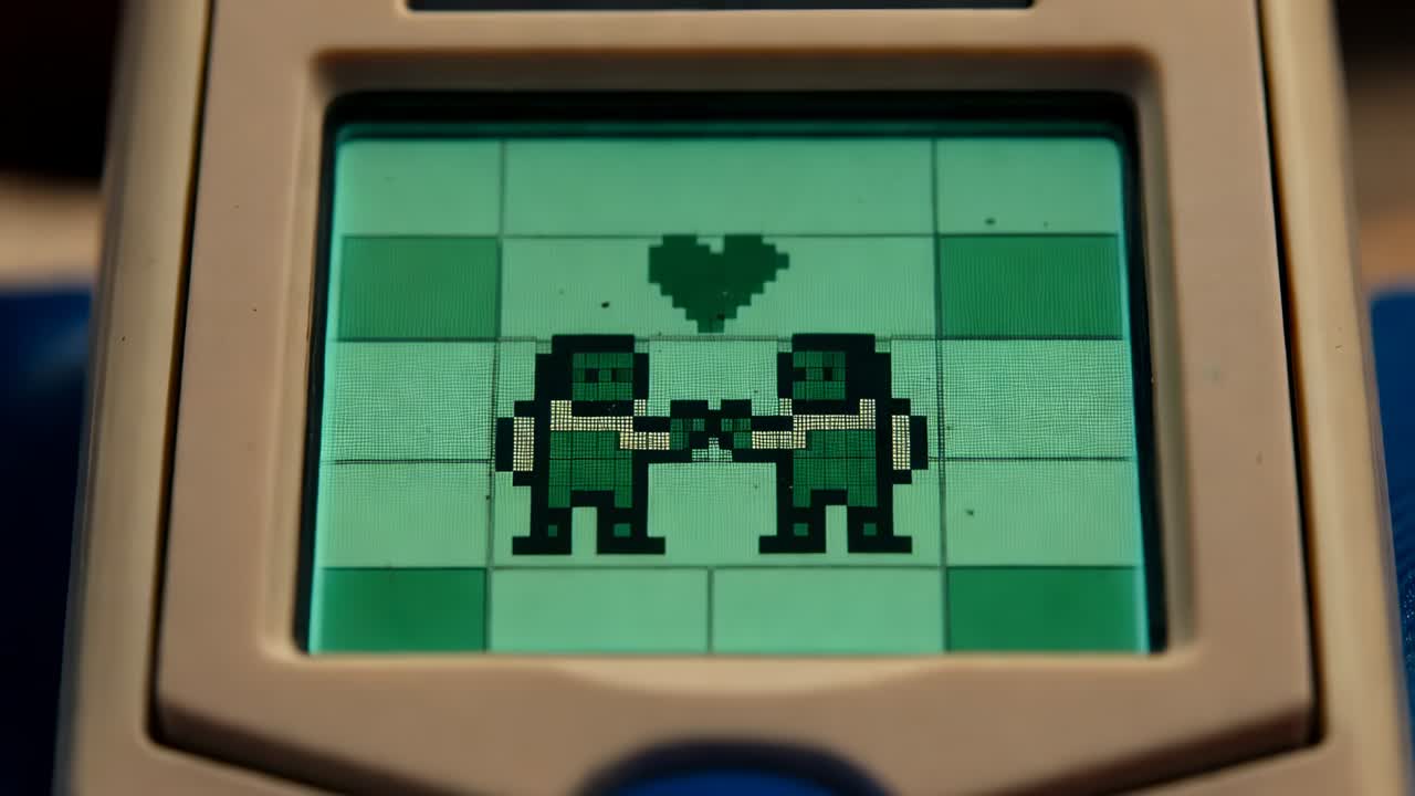 Zoom che rivela due figure pixelate in tuta verde che si stringono su uno schermo LCD, con un cuore che simboleggia l’amore