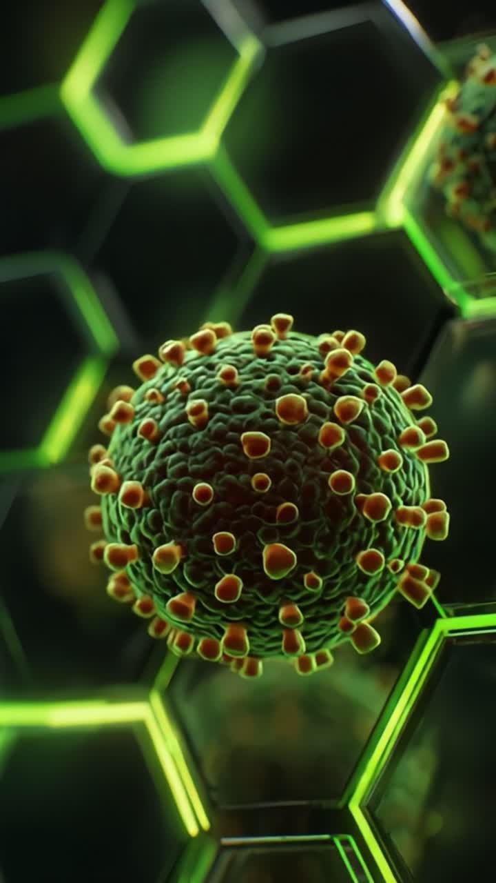Visualizzazione microscopica di un virus: rivelare la struttura complessa e le dinamiche degli agenti patogeni in uno sfondo esagonale multicolore ad alta definizione