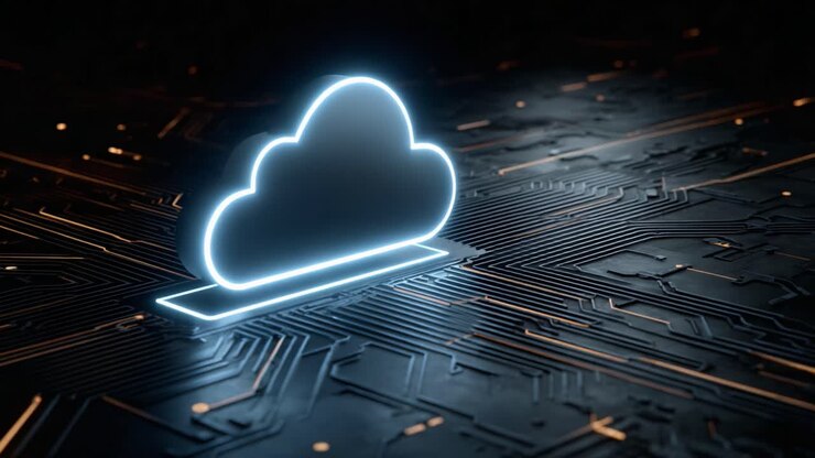 Illuminated Cloud Icon on a High-Tech Circuit Board Background Symbolizing Digital Storage and Cloud Computing Innovations and Trends