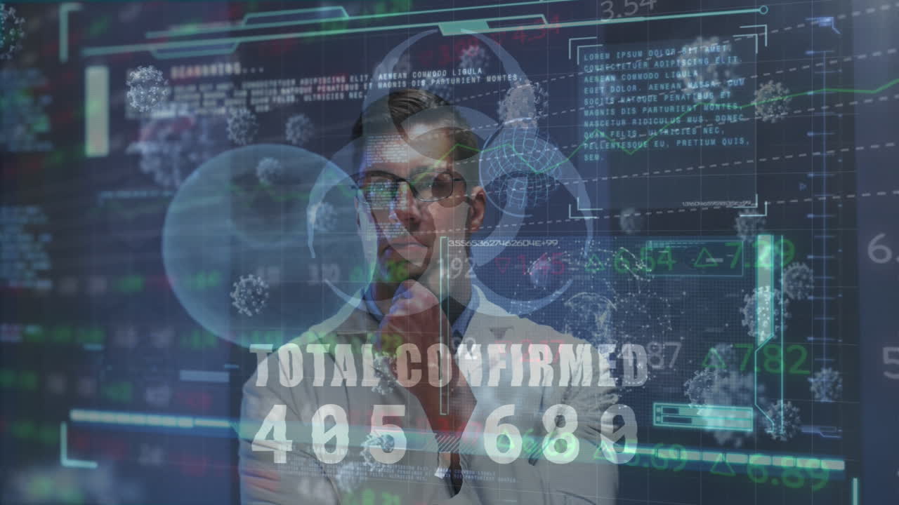 animación del icono de peligro biológico, células de virus, interfaz digital sobre el médico masculino