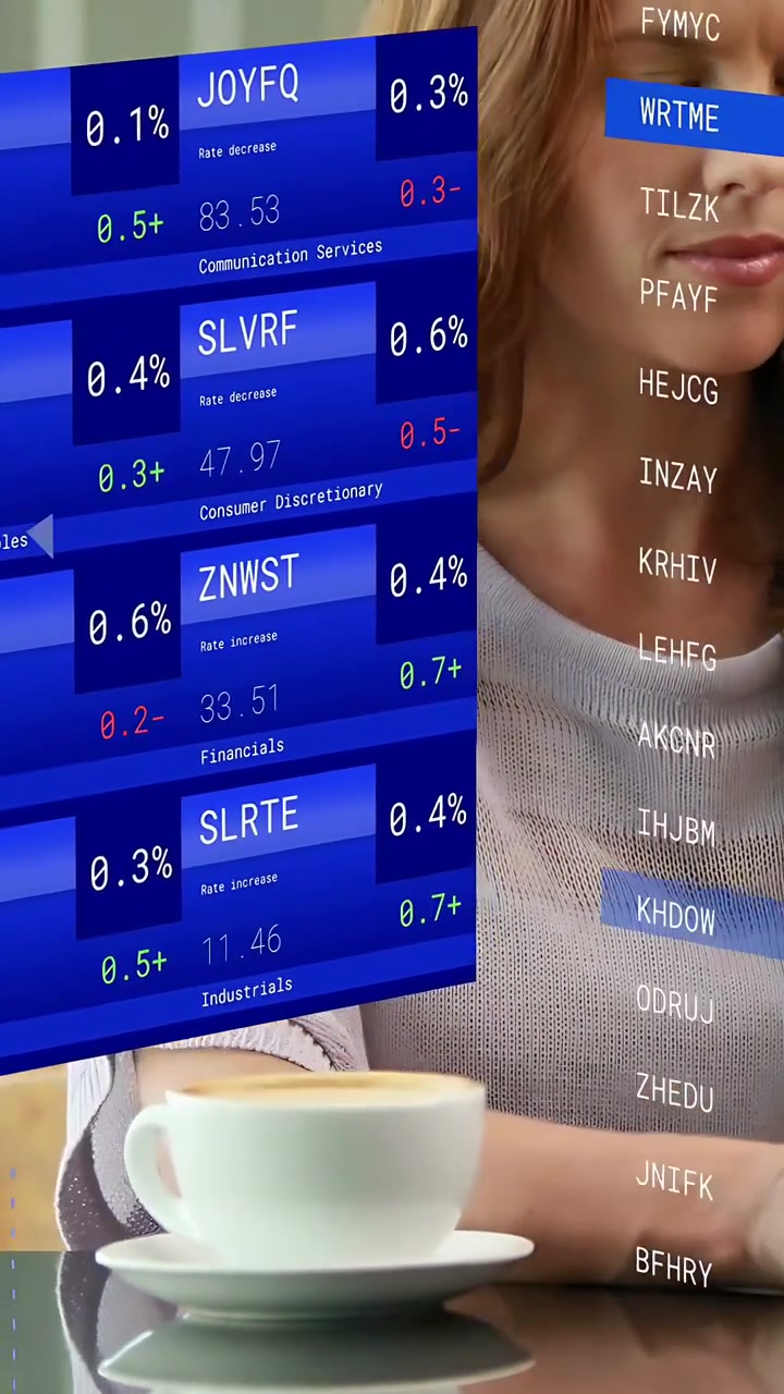 Video verticale: Donna a tavola che guarda un ticker finanziario che si aggiorna, sollevando il telefono per discutere i guadagni.