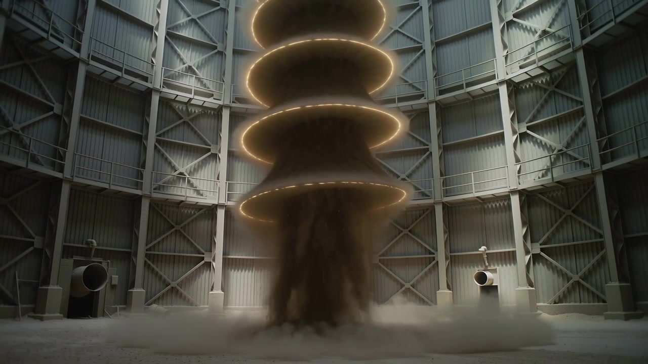 Alzandosi dall'apertura sul pavimento, una colonna vorticosa di polvere forma anelli luminosi sovrapposti all'interno di una camera metallica