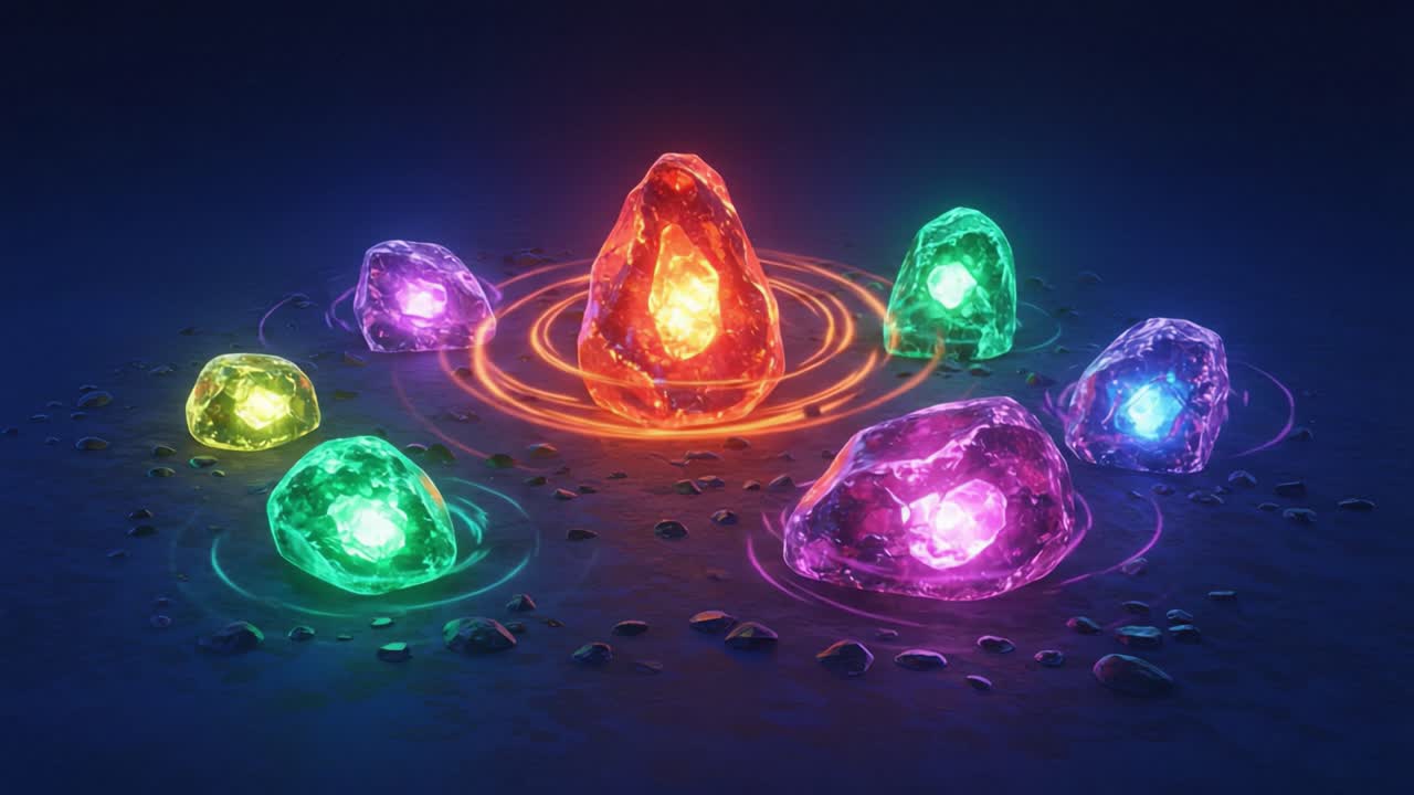 A Mystical Array of Glowing Crystals Surrounded by a Serene Aura, Each Radiating Vibrant Colors that Sparkle in the Darkness, Creating an Enchanting Visual Experience