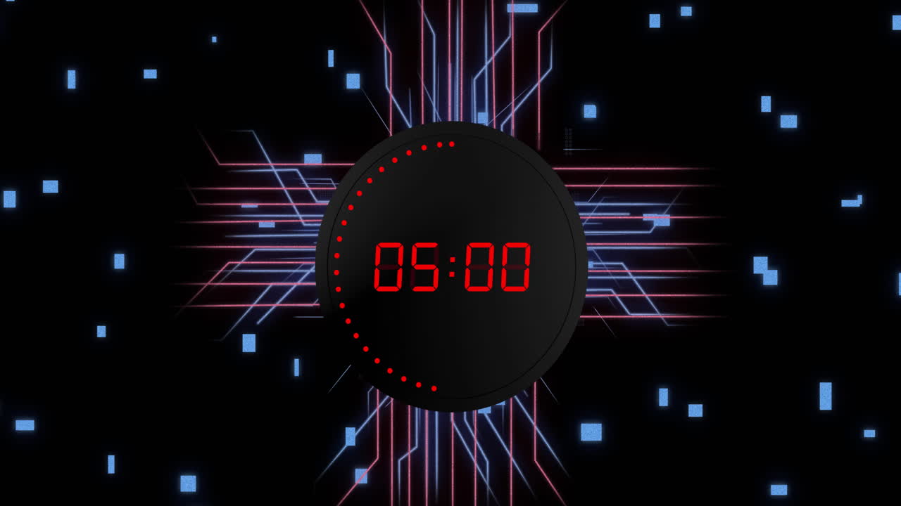 Animation of digital data processing with countdown over circuit board on black background