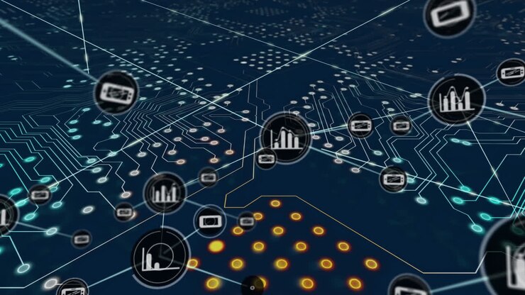 Animation of circuit board and network of connections on dark background