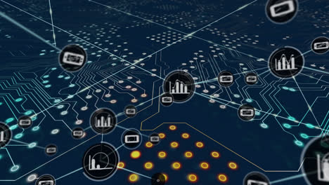 animation of circuit board and network of connections on dark background