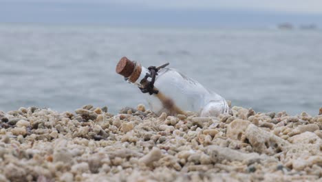 mensaje en la botella en una playa de arena