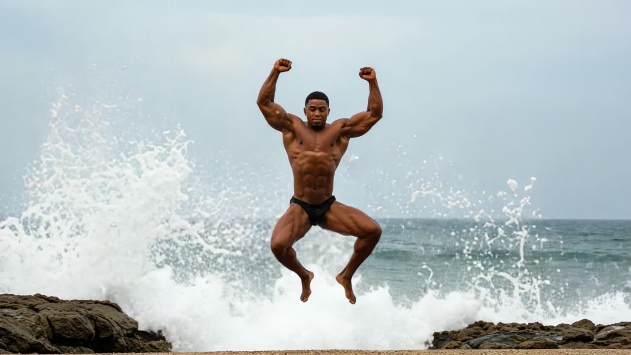 A Dynamic Athlete Caught in Action, Showcasing Formidable Strength and Definition while Leaping Against a Majestic Ocean Backdrop