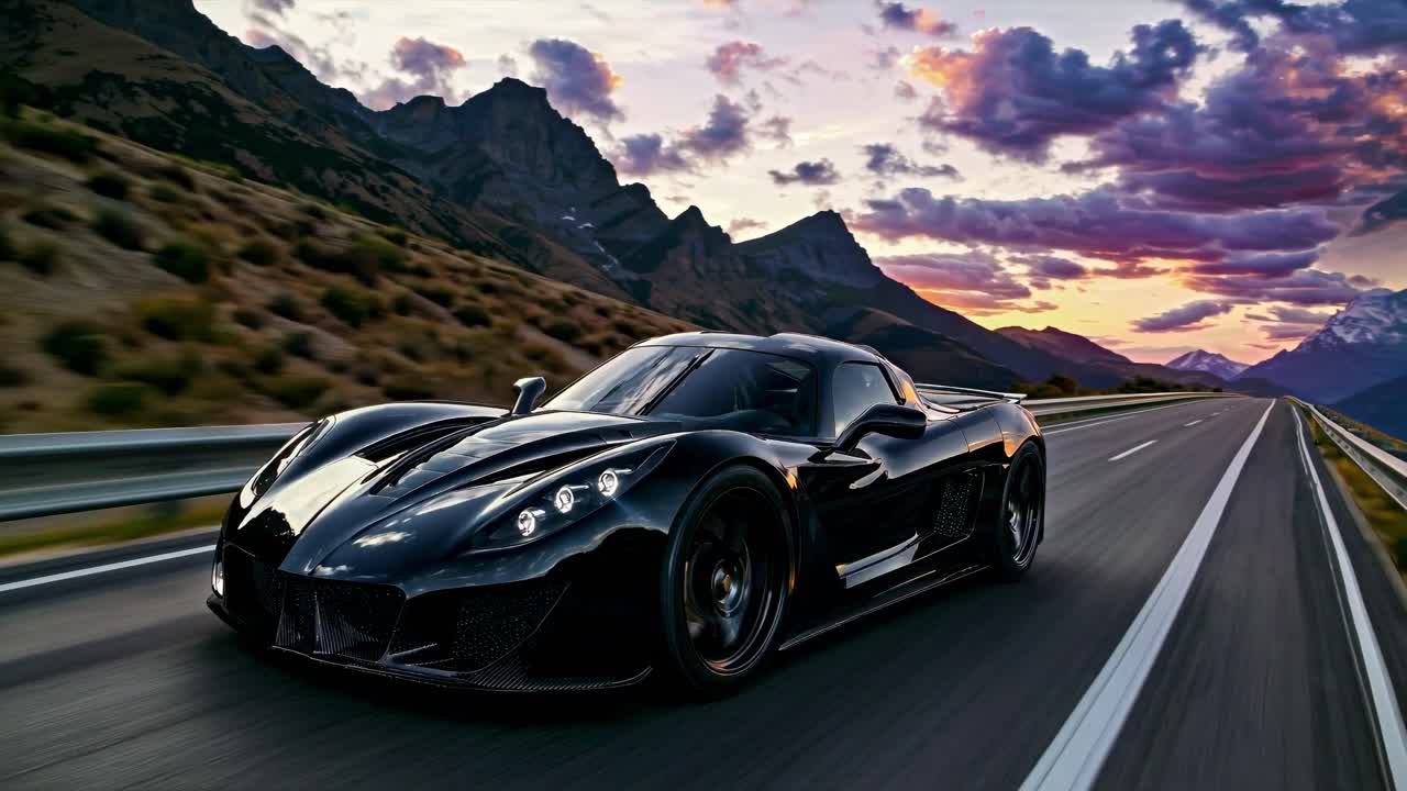 Dynamic low-angle shot of a sleek black sports car speeding on a mountain road at sunset