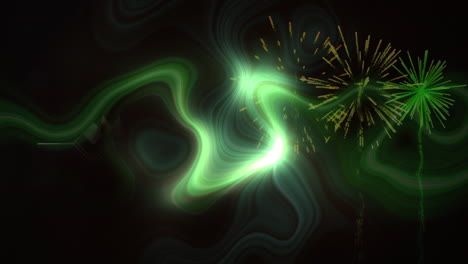 animación de feliz navidad, fuegos artificiales y relámpagos sobre fondo negro