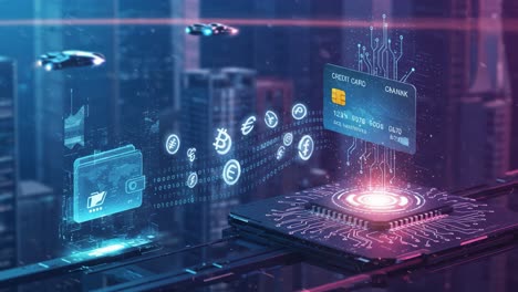 futuristic digital payments interface showcasing credit card transactions and sophisticated data flow in a high-tech cityscape environment
