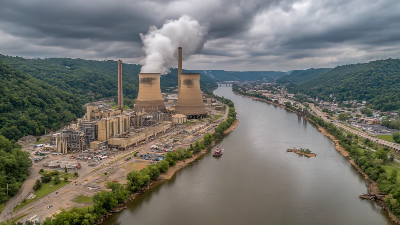 Aerial View of Industrial Power Plant Surrounded by Lush Greenery and Waterway with Smoke Emission from Cooling Towers under a Cloudy Sky