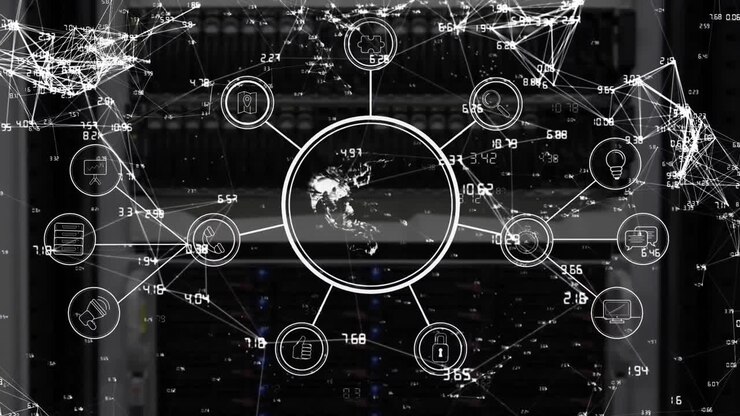 Animation of network of connections over globe and computer servers