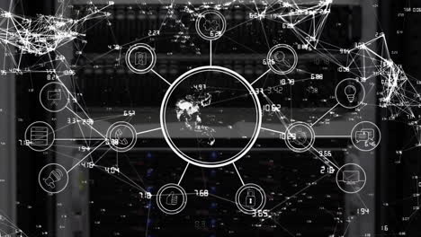 Animation-of-network-of-connections-over-globe-and-computer-servers