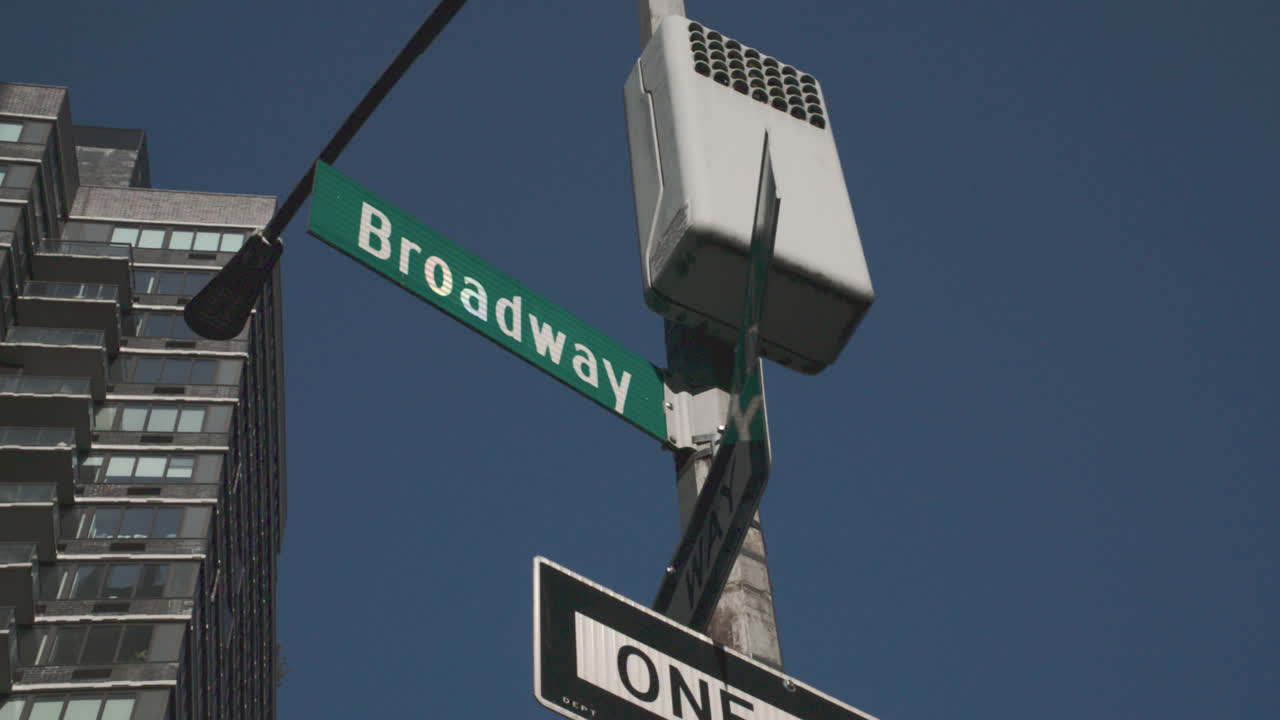 Handheld shot of a Broadway street sign. Shot on a summer morning in New York City
