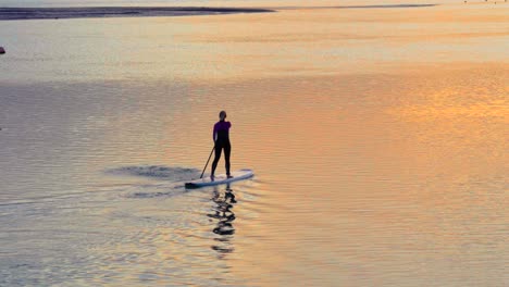 Woman on stand up paddleboard rowing into golden hour sunset reflecting on water