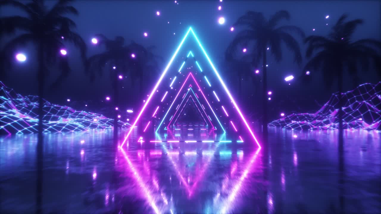 túnel triangular de neón a través de un paisaje virtual